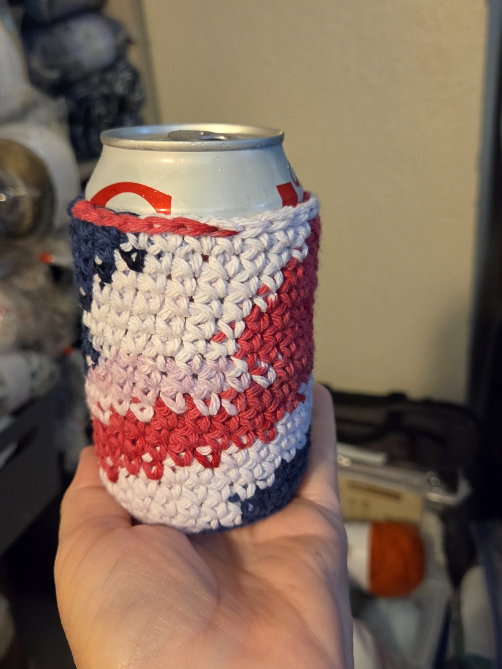 Handmade Crochet Can Cozy in Red, White & Blue